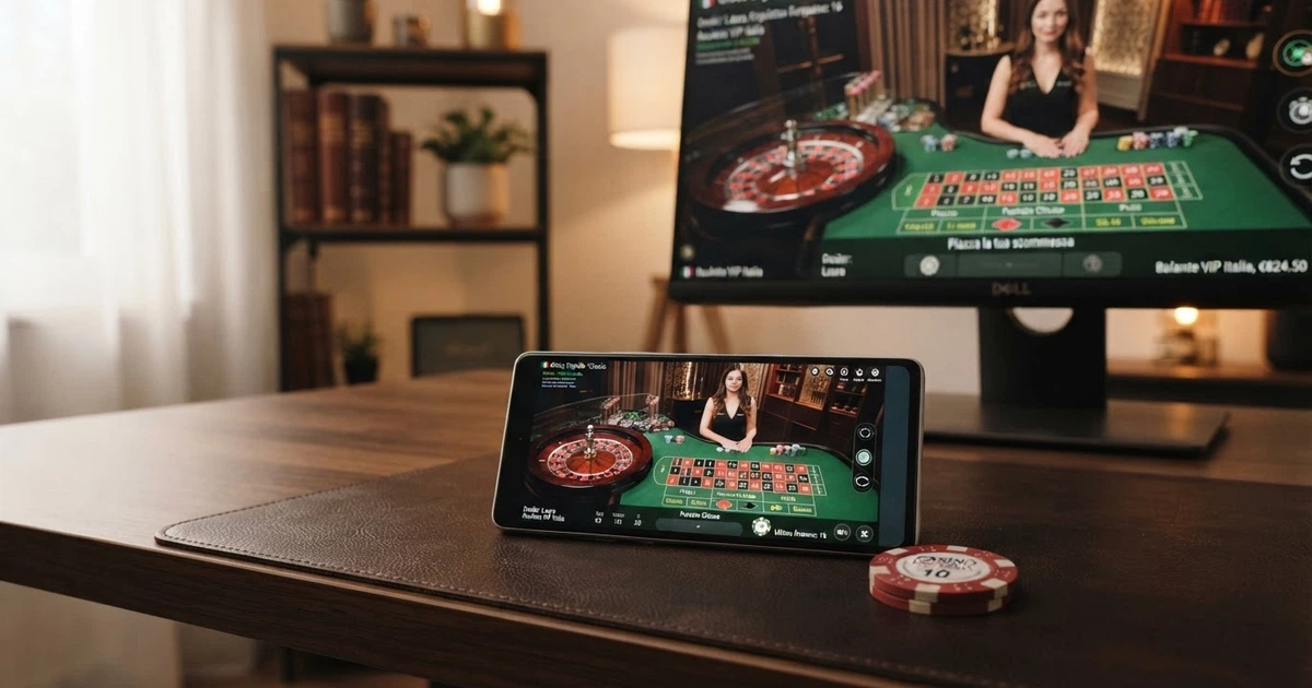 Interfaccia di un casinò online europeo con concessione ADM visualizzata su schermo desktop e mobile, con sezione giochi in evidenza e indicatori di licenza