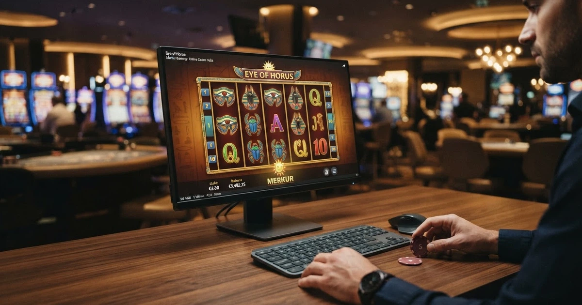 Un tavolo da gioco con il logo Merkur e schermi di slot machine in un casinò online visto da un dispositivo desktop