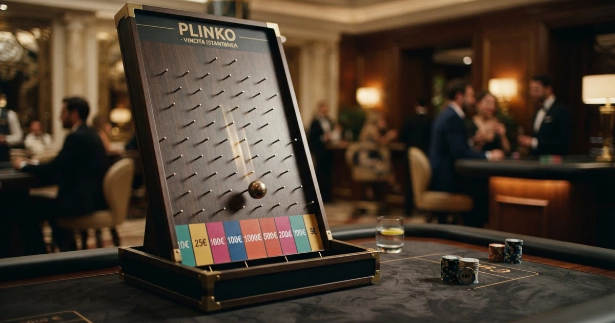 Un tavolo da Plinko con la griglia a piramide, la pallina in caduta tra i pioli e i moltiplicatori visibili in fondo alle caselle