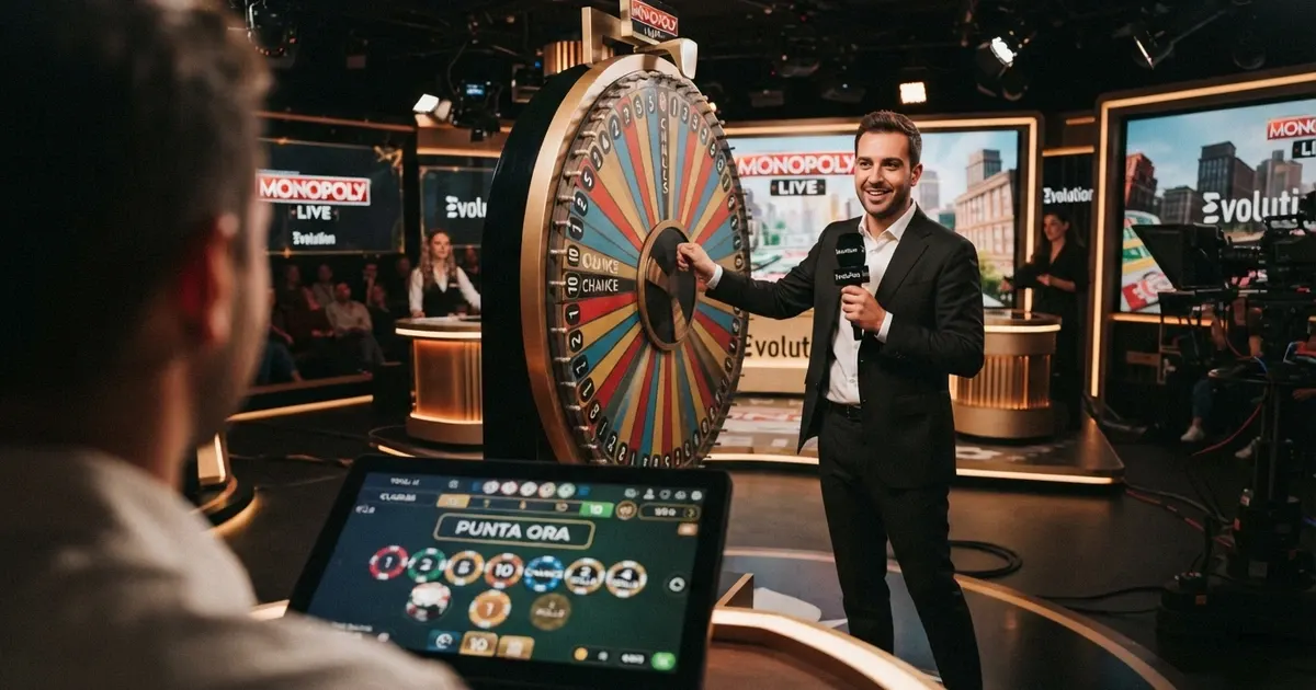 Il tavolo da gioco di Monopoly Live con la ruota verticale da 54 segmenti, il conduttore in studio e l'interfaccia delle puntate sullo schermo