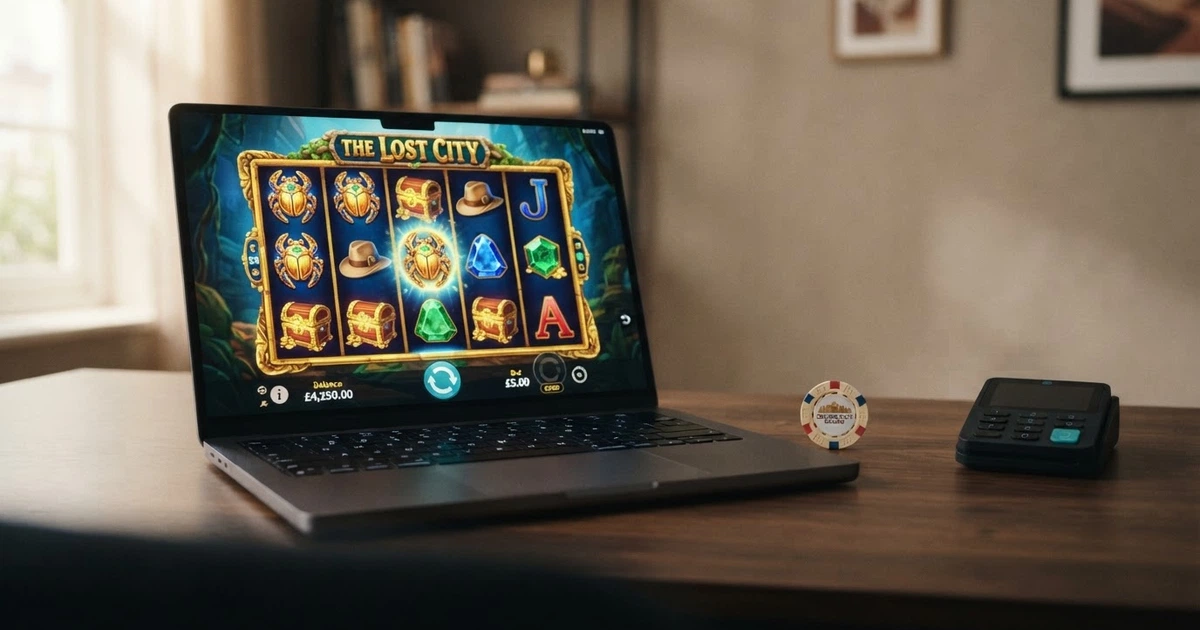Scrivania di un casinò online con logo Novoline e slot machine in primo piano su sfondo blu