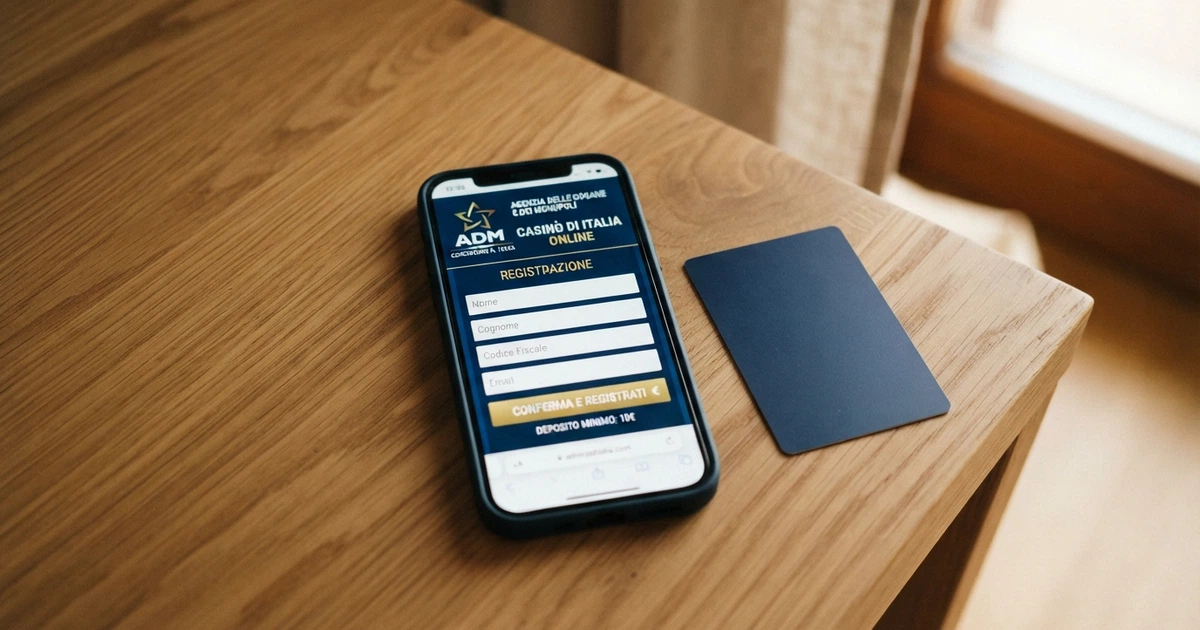 Primo piano di uno smartphone che mostra la schermata di registrazione di un casinò online con il logo ADM visibile, appoggiato su una scrivania accanto a un documento di identità elettronico