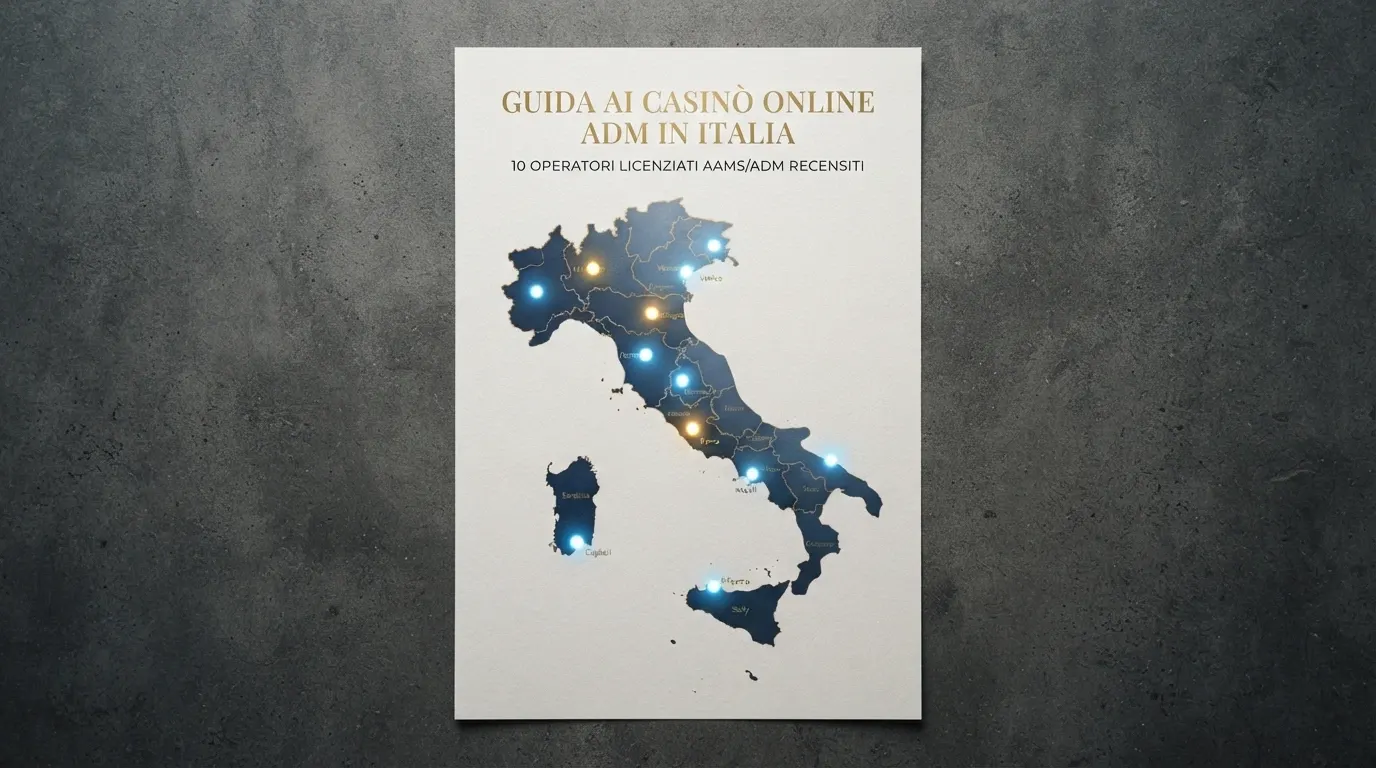 Una mappa stilizzata dell'Italia con dieci puntini luminosi che rappresentano i casinò con concessione ADM recensiti nella pagina, tre dei quali evidenziati in oro