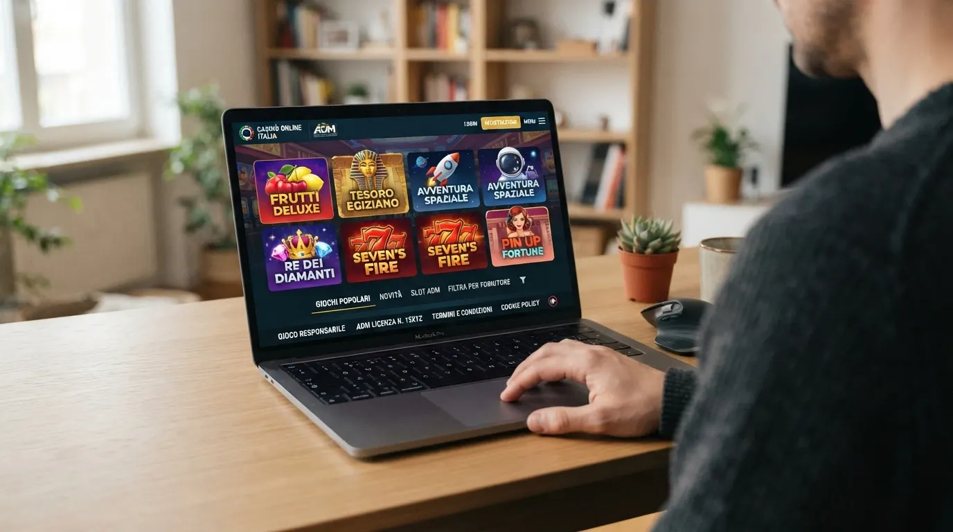 Schermata della lobby slot di un casino online con licenza ADM che mostra i giochi in stile VLT