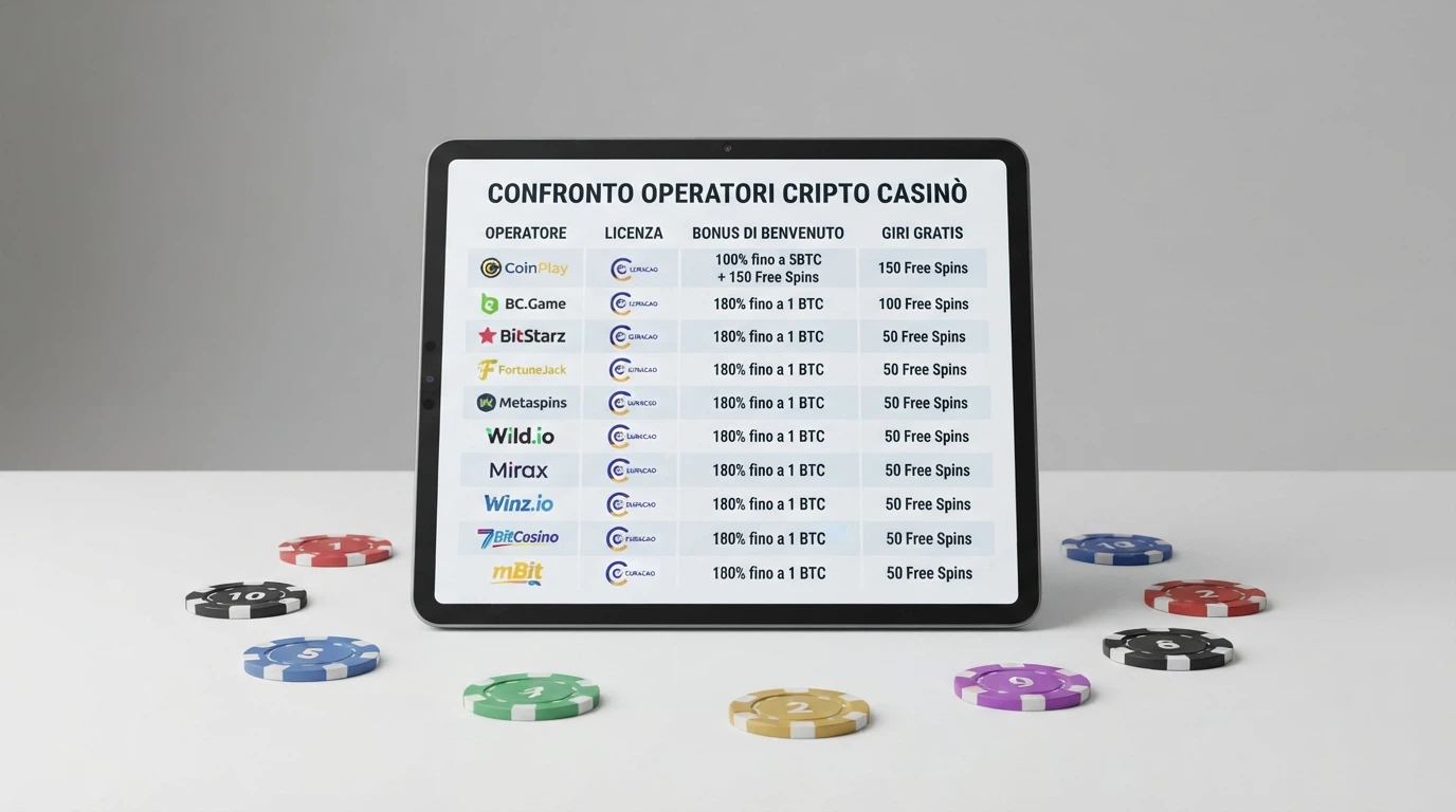 Una vista comparativa dei dieci casinò Bitcoin recensiti nella guida, con licenza, bonus di benvenuto e giri gratis in evidenza.