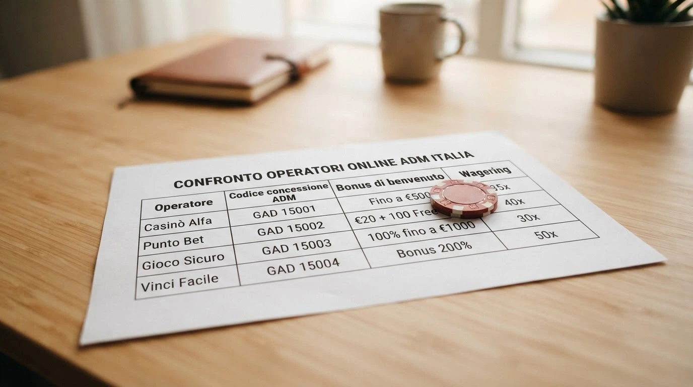 Tabella comparativa con le colonne operatore, codice concessione ADM, bonus di benvenuto e requisiti di wagering — ogni riga un operatore diverso