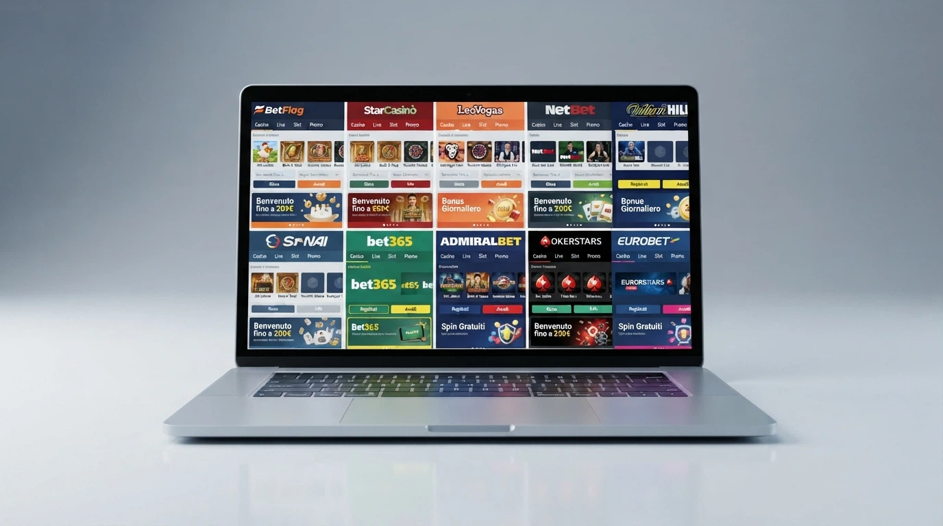 Un tavolo da gioco virtuale con le interfacce delle piattaforme di casinò ADM affiancate in una vista comparativa, schermo di un laptop