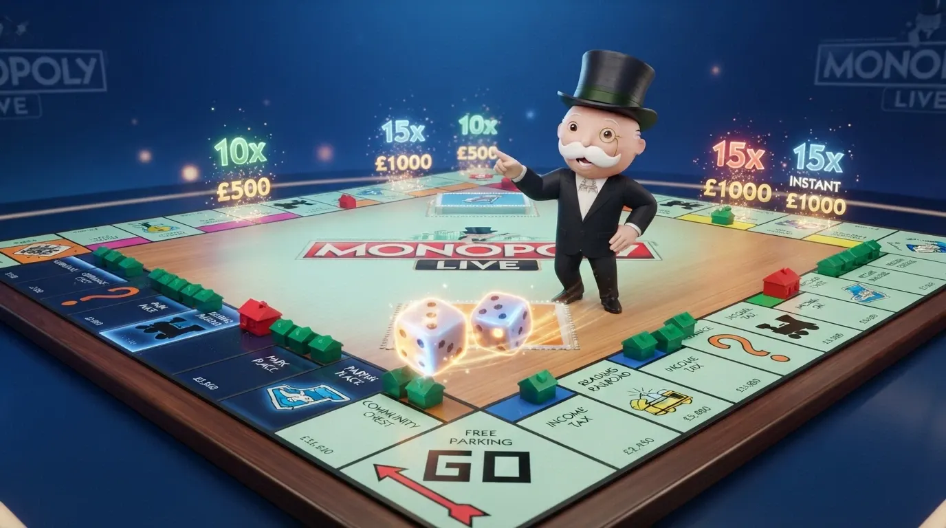 Il round bonus 3D con Mr. Monopoly in primo piano sulla plancia virtuale, case, dadi e moltiplicatori attivi sullo schermo