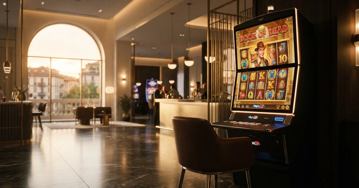 Lobby di un casinò online con la griglia dei giochi Play'n GO in primo piano, tra slot colorate e il logo del provider