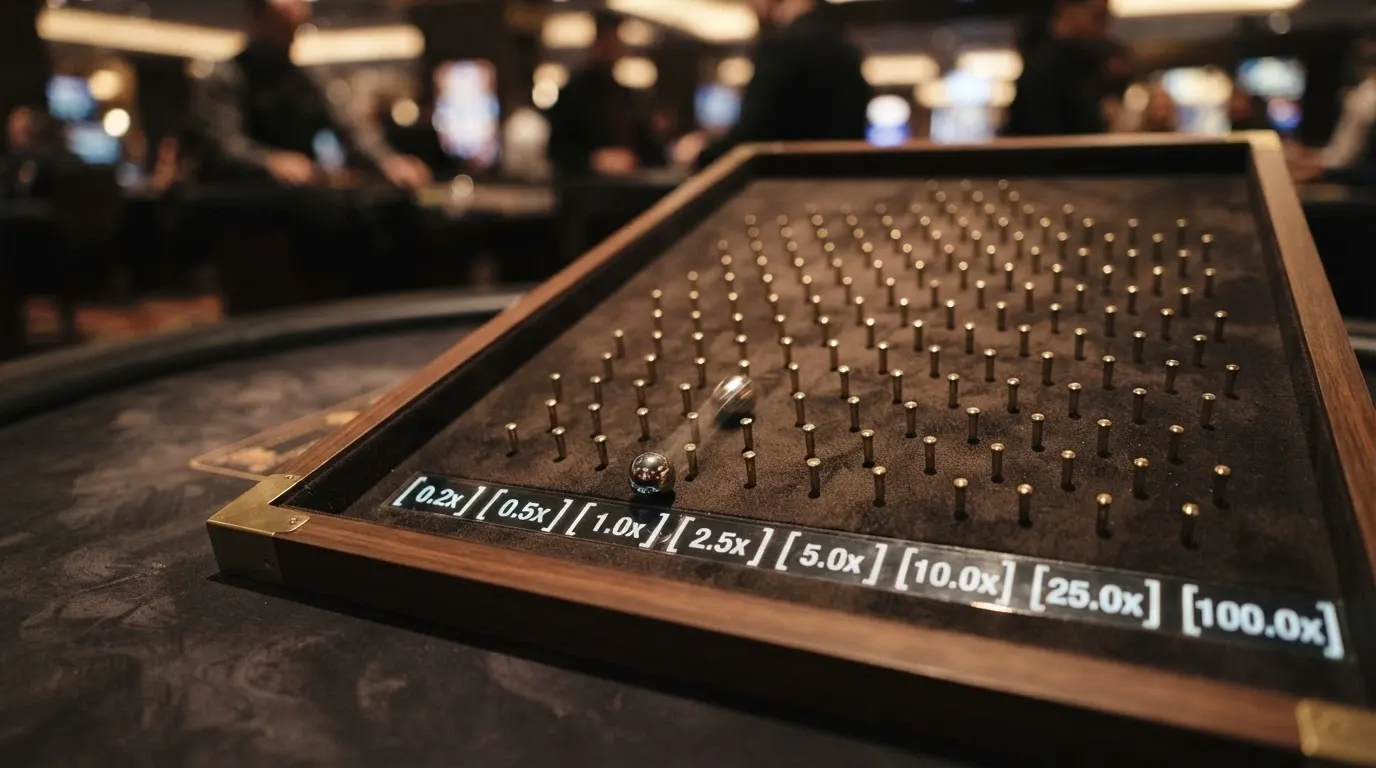 Il tabellone di Plinko in primo piano: la piramide di pioli, i canali di discesa e le caselle con i moltiplicatori in fondo
