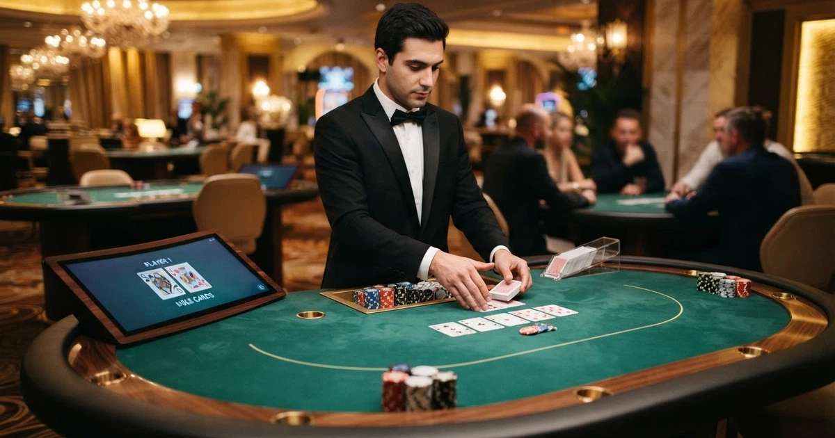 Un tavolo da poker live con croupier in smoking, carte e fiches disposte sul panno verde, illuminato da luce calda, con monitor che mostra le carte del giocatore in sovraimpressione