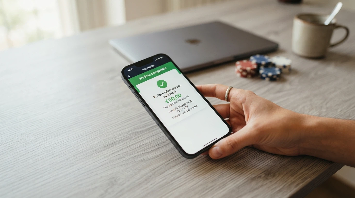 L'interfaccia dell'app MuchBetter con la schermata di un prelievo completato e l'importo accreditato in evidenza