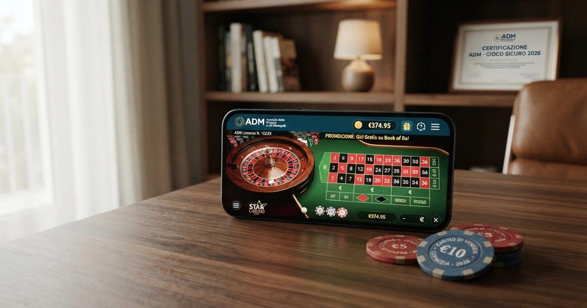 Un tavolo da gioco virtuale con l'interfaccia di un casinò online italiano, le icone dei bonus e il simbolo del lucchetto della concessione ADM in sovraimpressione.