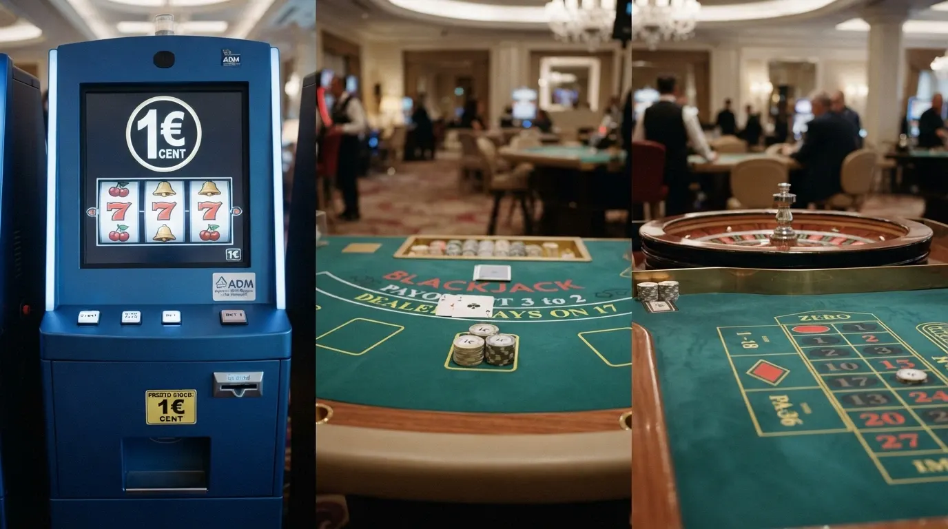 Tre postazioni di gioco affiancate: una slot machine digitale, un tavolo da blackjack e una roulette, con il dettaglio delle fiches di taglio minimo in primo piano