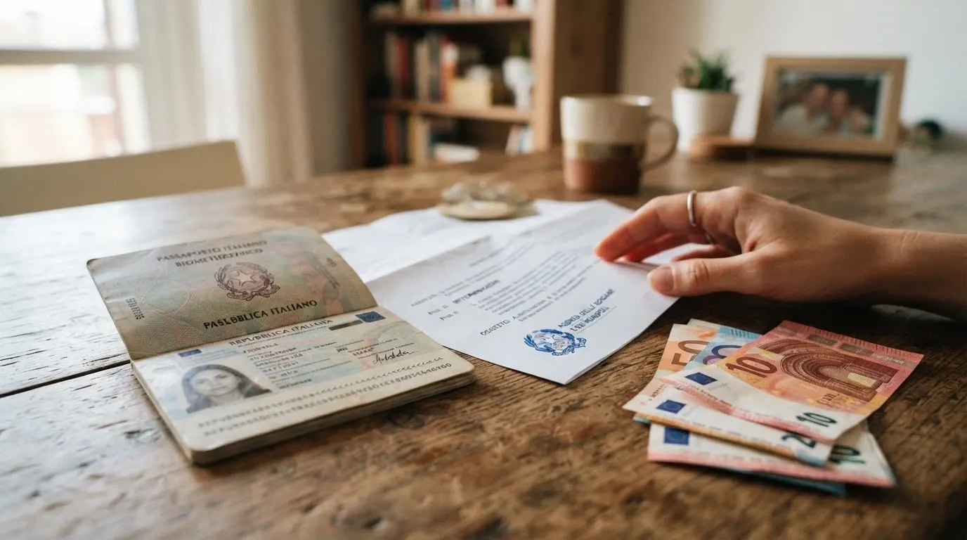 Documento ufficiale con sigillo accanto a un passaporto italiano e simboli fiscali, a rappresentare gli obblighi dichiarativi per le vincite da casinò extra-UE