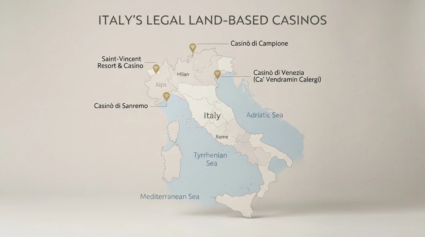 Una mappa stilizzata dell'Italia con quattro indicatori posizionati su Venezia, Sanremo, Saint-Vincent e Campione d'Italia — le uniche località con un casinò terrestre autorizzato