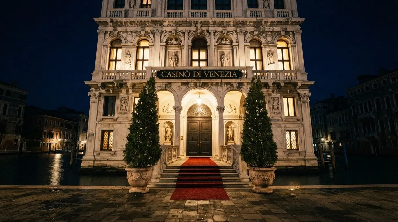 Una veduta esterna notturna di uno dei quattro casinò storici italiani, con l'insegna illuminata e l'ingresso monumentale