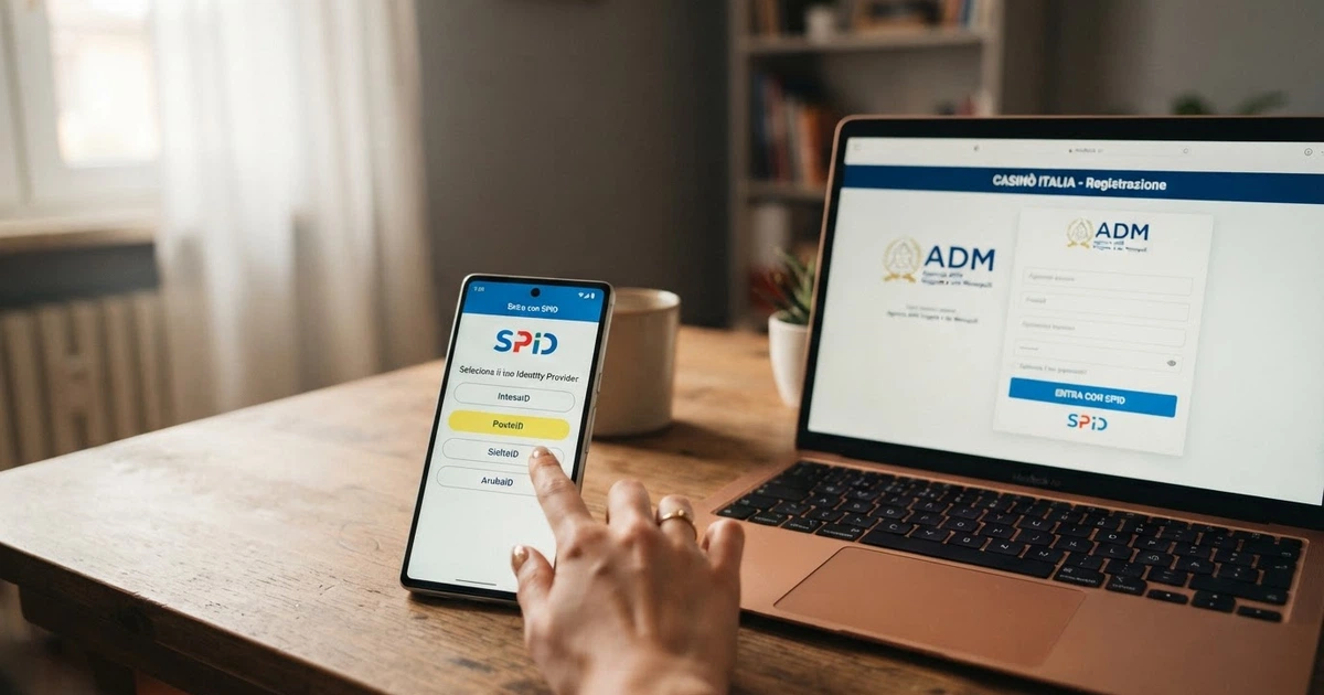 Una schermata di login SPID su smartphone con il logo dell'identità digitale italiana, affiancata dall'interfaccia di registrazione di un casinò online con il pulsante «Entra con SPID» in evidenza