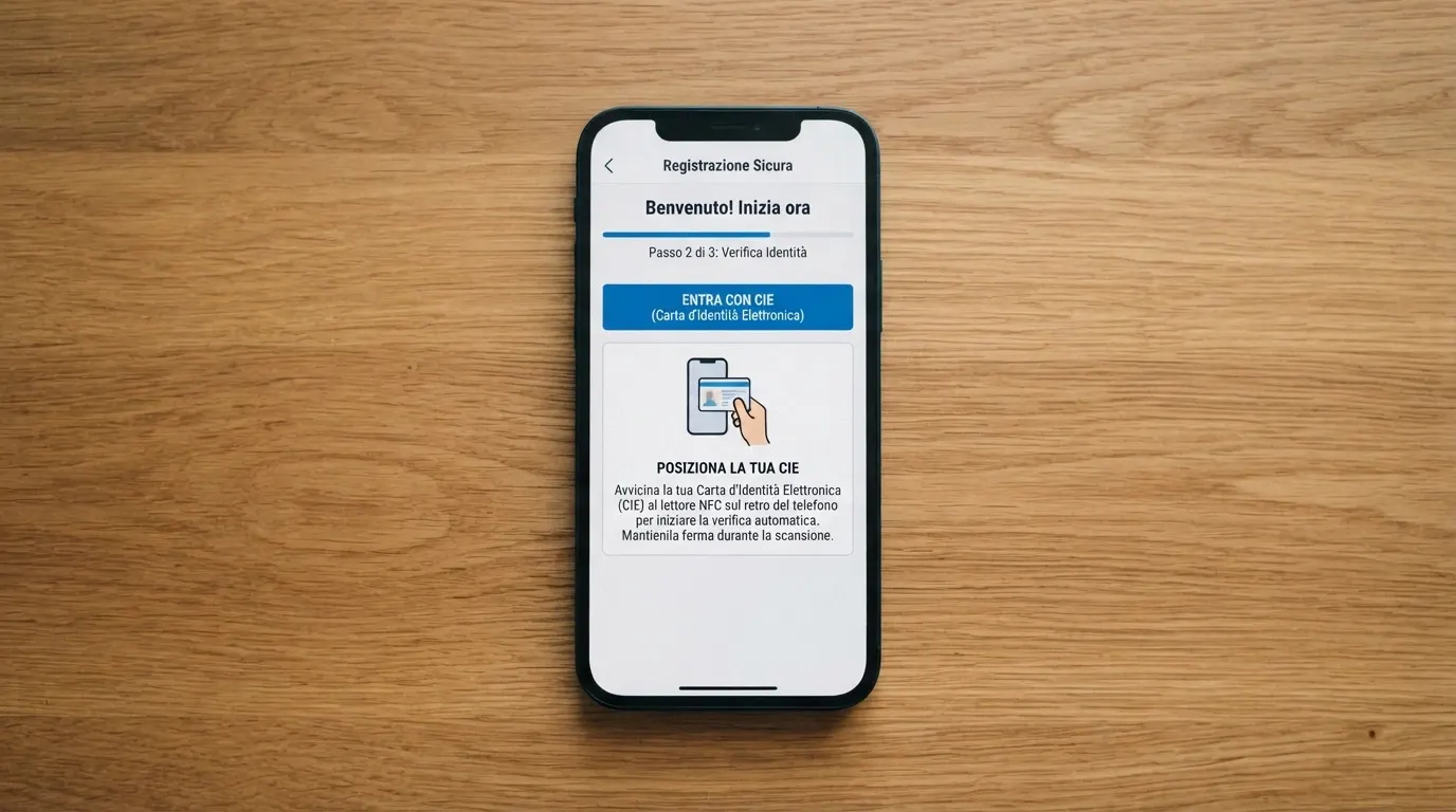 Schermata della procedura guidata di registrazione a un casinò online con l'opzione «Entra con CIE» selezionata e il messaggio di avvicinamento della carta al lettore NFC