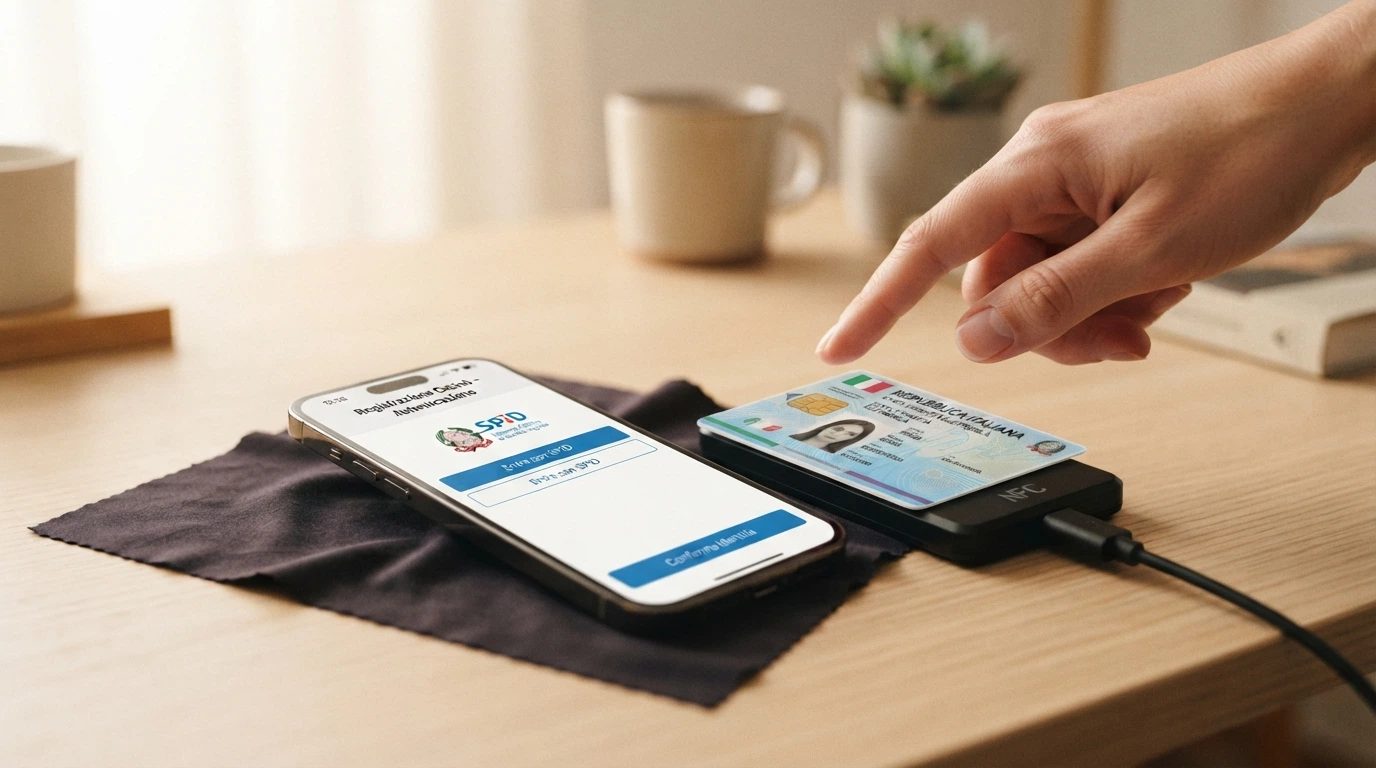 Uno smartphone con schermata di login SPID accanto a una Carta d'Identità Elettronica appoggiata sul lettore NFC del telefono