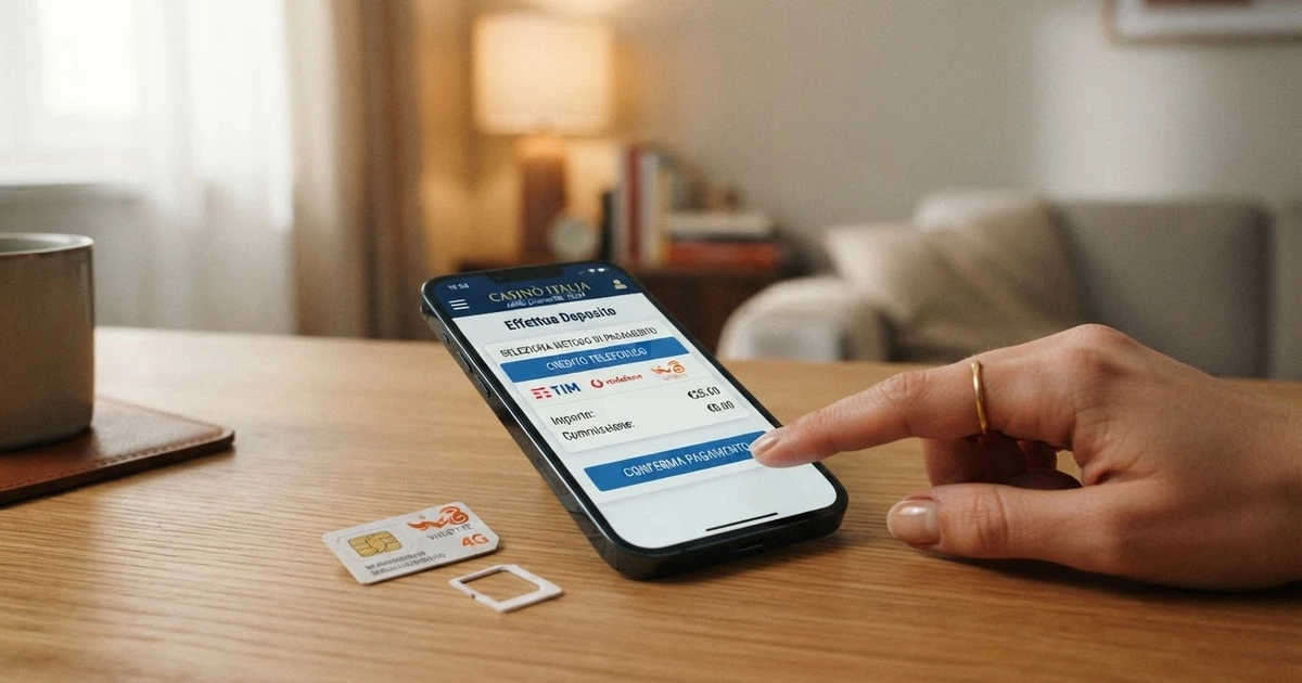 Uno smartphone che mostra la schermata di deposito di un casinò online con l'opzione di pagamento via credito telefonico selezionata, affiancato da una carta SIM italiana