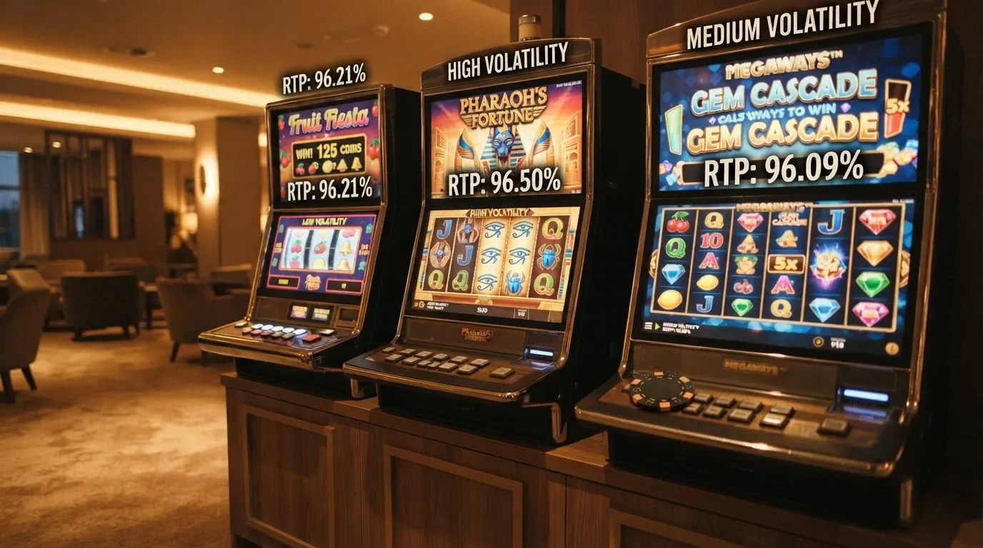 Tre slot machine affiancate con i rispettivi valori di RTP, volatilità e vincita massima in sovraimpressione