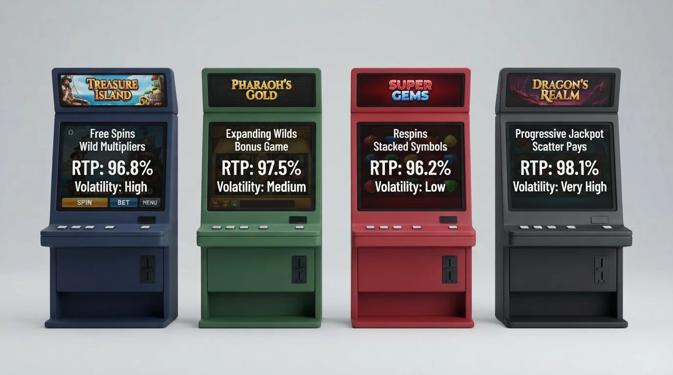 Quattro slot machine affiancate con i rispettivi valori RTP e volatilità visualizzati in etichette sovrapposte
