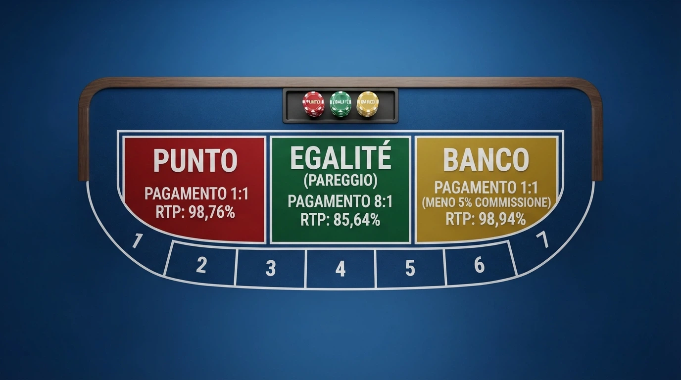 Schema del tavolo da punto banco con le tre aree di puntata (Punto, Banco, Egalité) e i valori RTP associati a ciascuna