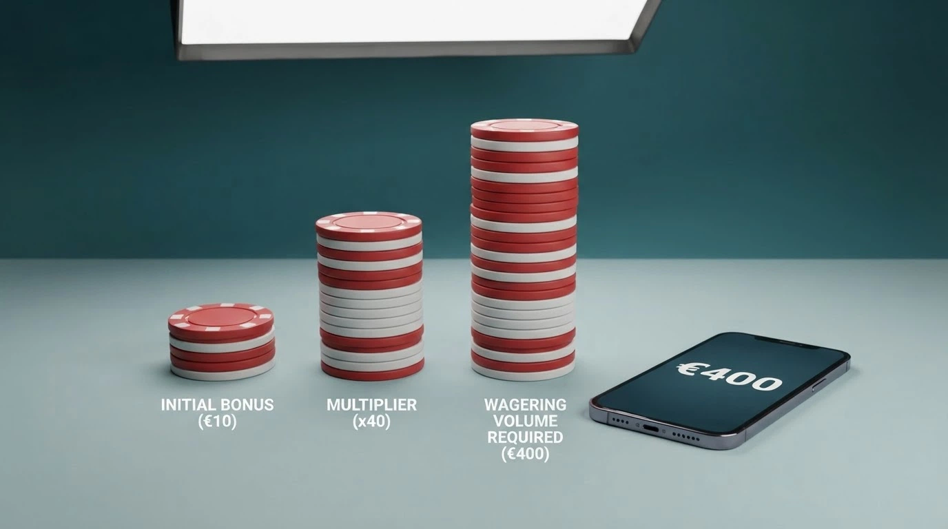 Una rappresentazione visiva del meccanismo di wagering: un bonus da 50 € che si moltiplica per il requisito di puntata 20x fino a mostrare il volume di gioco richiesto di 1.000 €