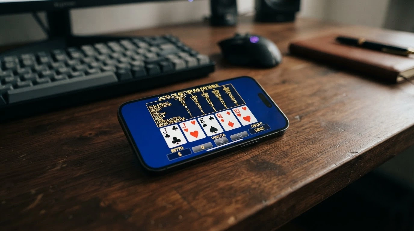 L'interfaccia di una partita di video poker Jacks or Better con il paytable 9/6 in evidenza, cinque carte scoperte e il contatore dei crediti attivo