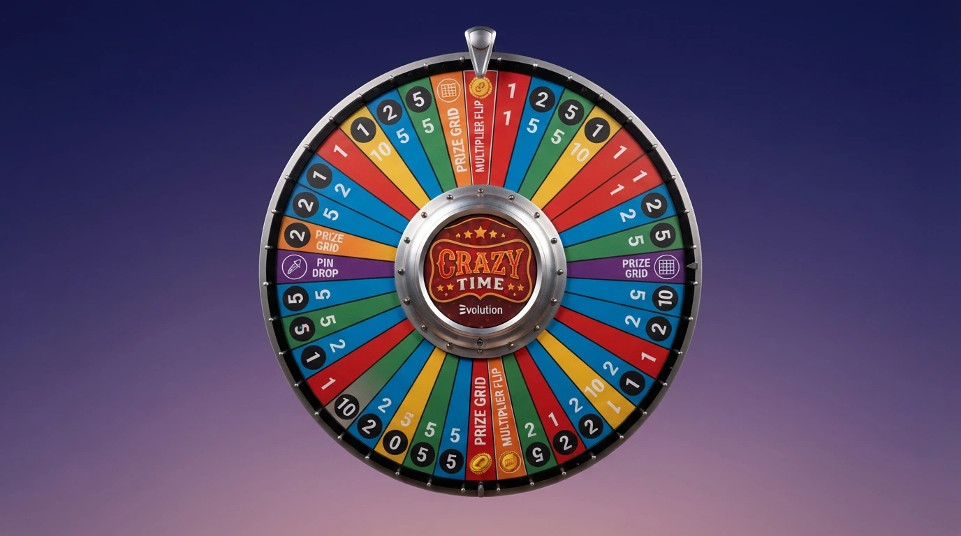 Dettaglio dei 54 segmenti della ruota di Crazy Time con i numeri 1, 2, 5, 10 e i simboli dei quattro round bonus