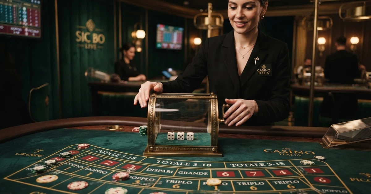 Un tavolo da Sic Bo con tre dadi, aree di puntata e un croupier dal vivo in un casinò online