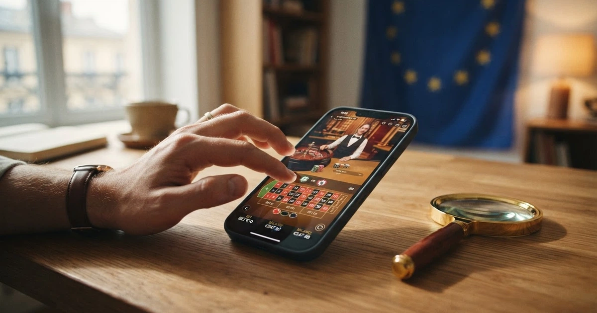 Un primo piano di una mano che scorre su uno schermo con l'interfaccia di un casinò online; sullo sfondo, la bandiera europea e una lente di ingrandimento simbolica