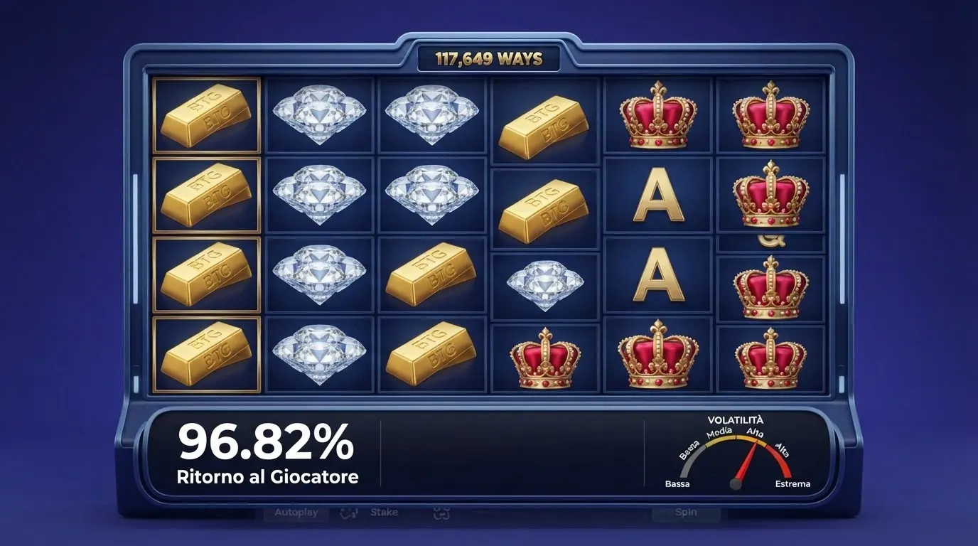 Griglia di slot Big Time Gaming con rulli, simboli e l'indicazione dell'RTP accanto a ciascun titolo