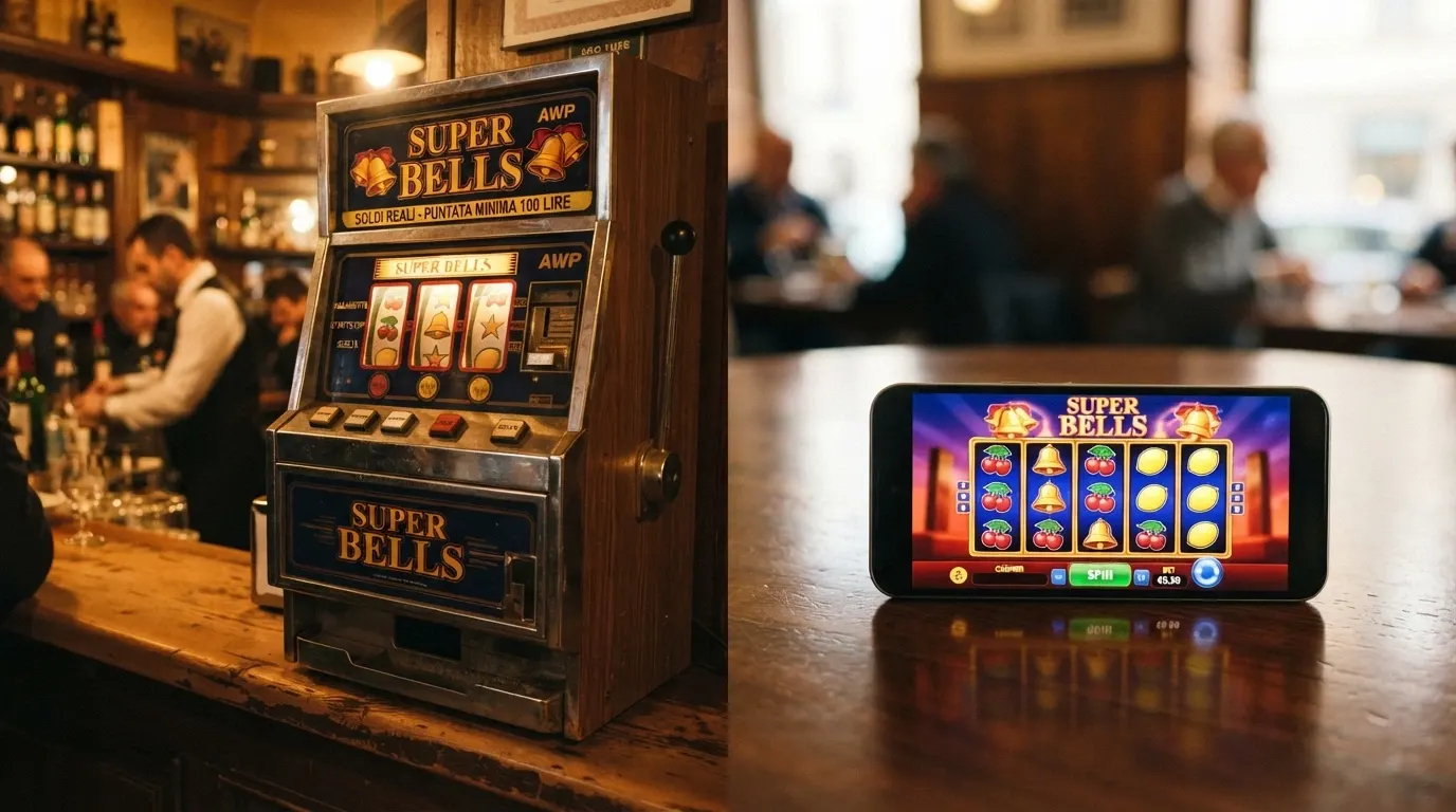 Una slot machine da bar in versione online con simboli classici (frutta, campanelle, stelle) e interfaccia web, affiancata a una video slot moderna a 5 rulli con grafica animata