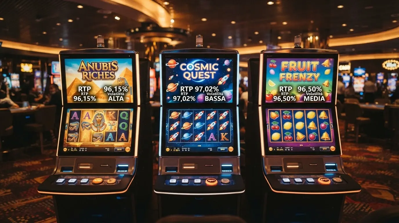 Tre slot machine affiancate — Book of Dead, Starburst e Sweet Bonanza — con i rispettivi valori di RTP e volatilità in sovrimpressione
