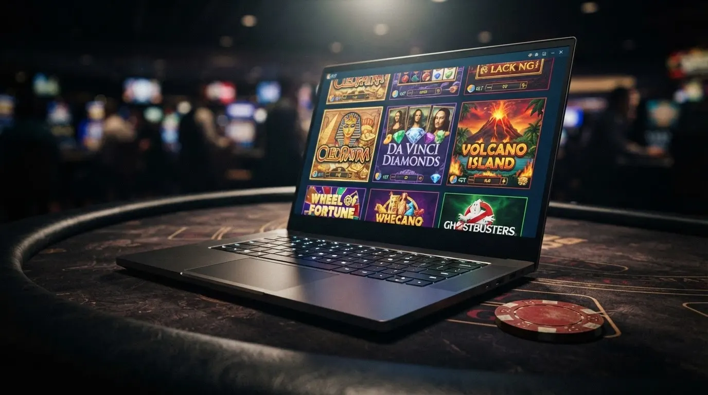 Griglia di slot machine IGT con titoli come Cleopatra e Da Vinci Diamonds in evidenza su sfondo scuro
