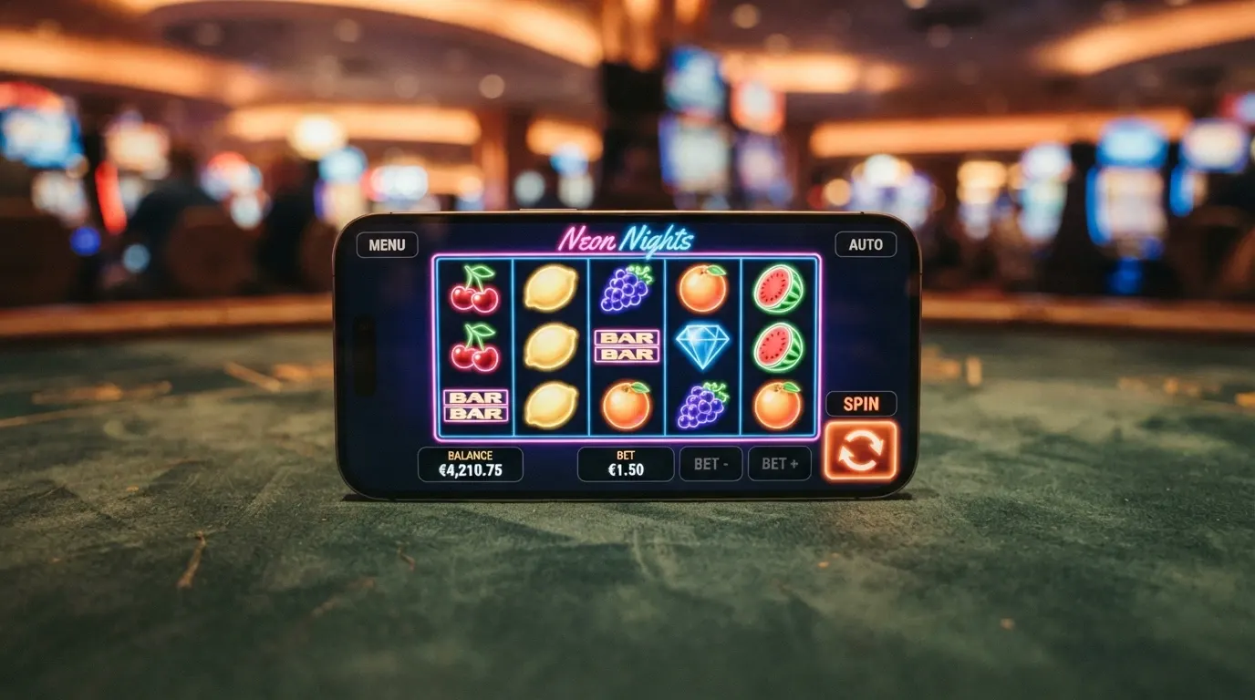 Slot machine con griglia 5×3 in esecuzione su iPhone in orientamento orizzontale, con pulsanti di puntata adattati al touch