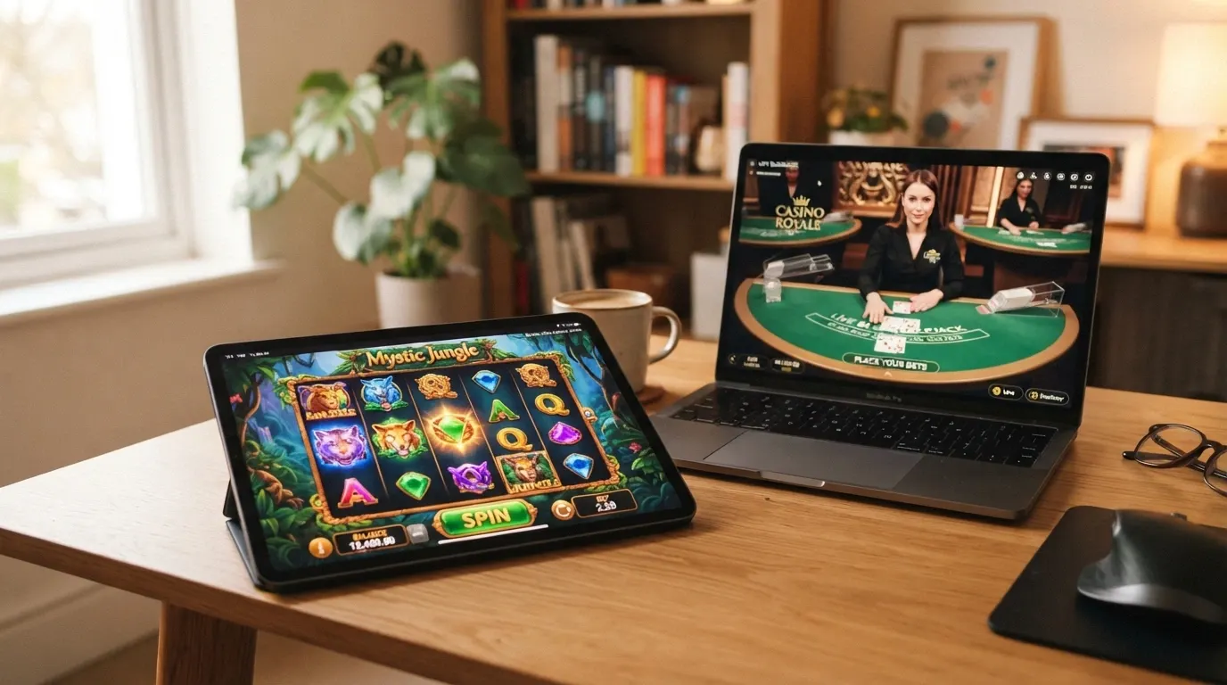 Interfaccia di un casinò non AAMS con una selezione di slot in evidenza e un tavolo live con croupier in streaming