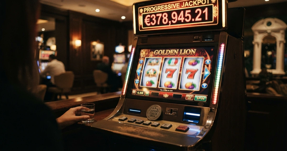 Una slot machine con jackpot progressivo accesa, lo schermo mostra i rulli in movimento e il contatore del montepremi a sei cifre in alto