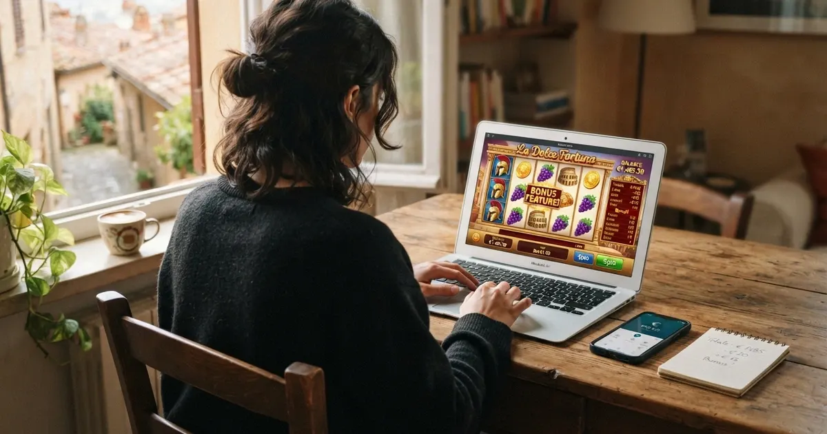 Una persona seduta davanti a un laptop con una slot machine colorata sullo schermo, in un ambiente domestico luminoso. Sulla scrivania un telefono e un taccuino.