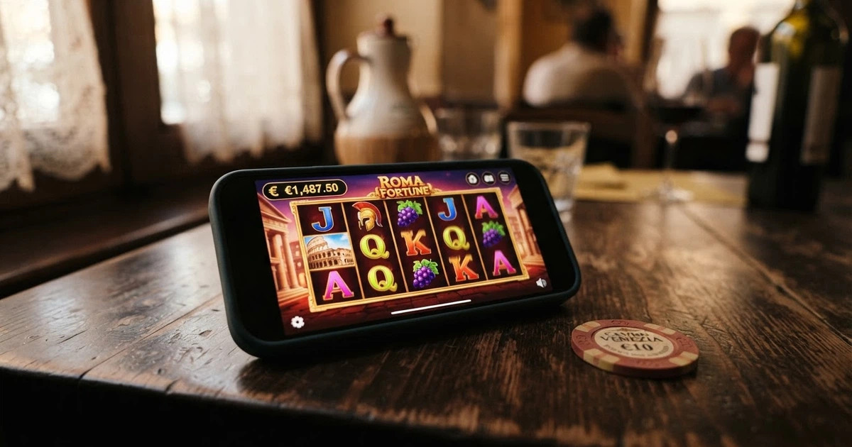 Interfaccia di una slot machine online con rulli, simboli colorati, display del saldo in euro e pulsanti di puntata su sfondo scuro