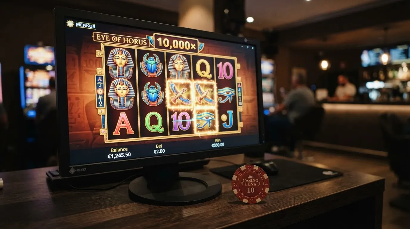 La slot machine Eye of Horus con i suoi simboli egizi, i rulli 5×3 e l'interfaccia di gioco con il moltiplicatore in evidenza