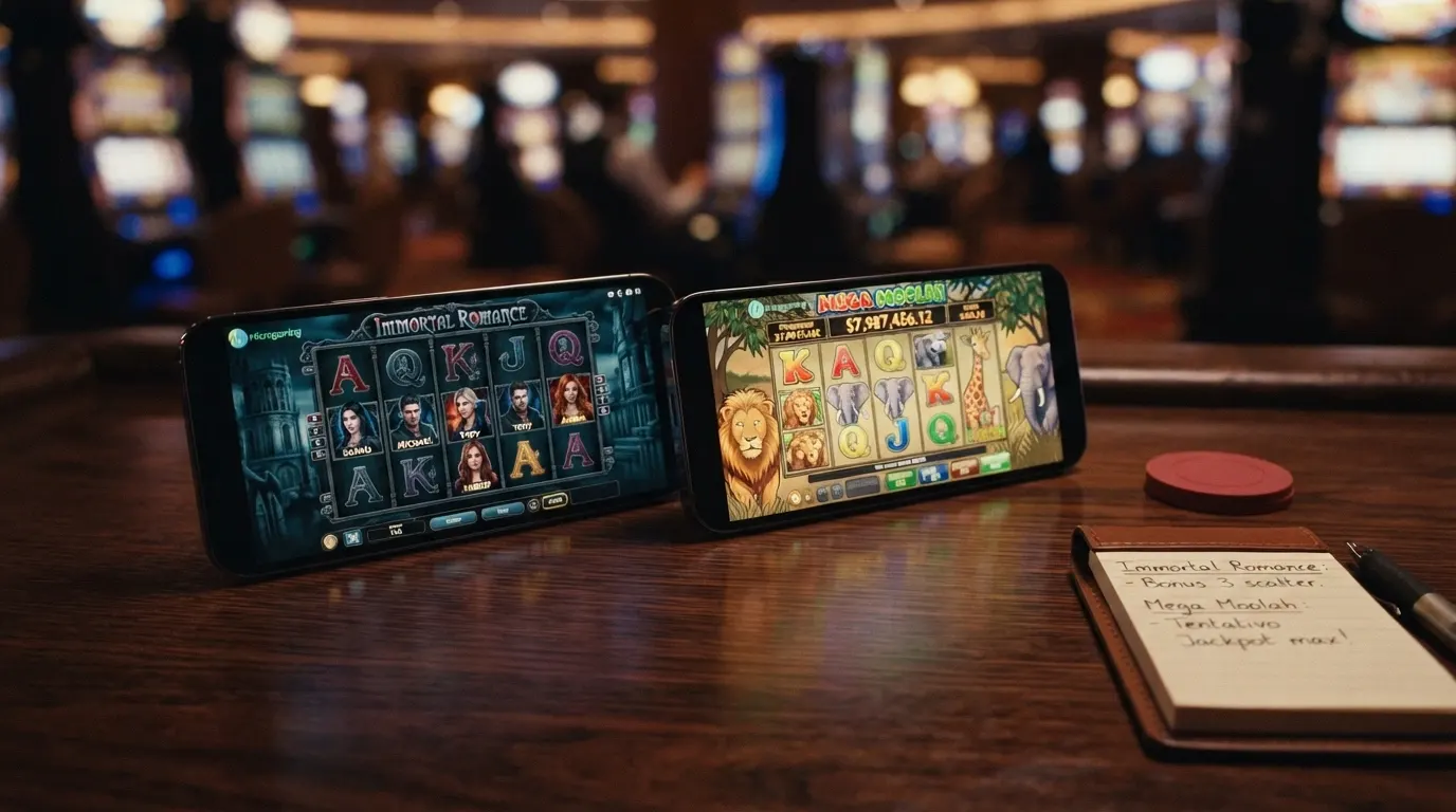 La schermata di gioco di due slot Microgaming affiancate: Immortal Romance con la sua atmosfera gotica e Mega Moolah con i rulli e il jackpot progressivo in evidenza