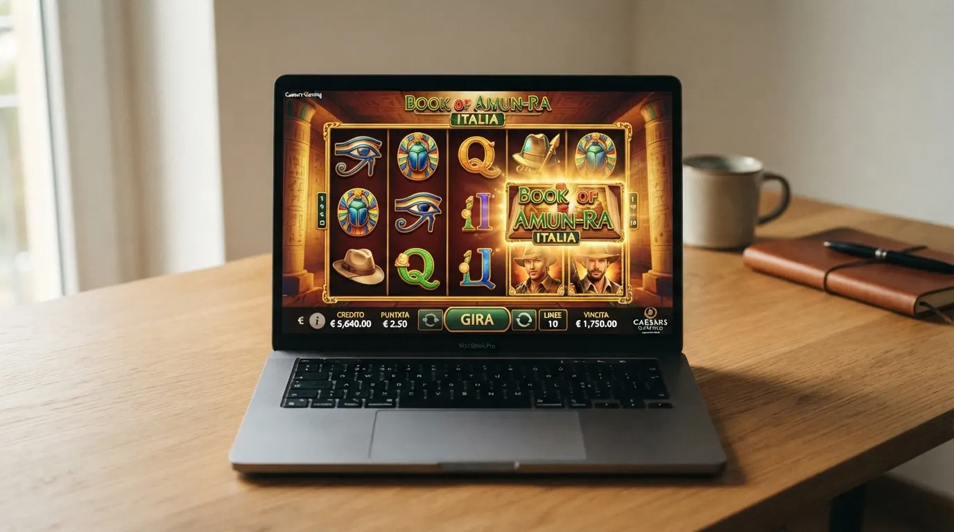 La schermata di gioco di Book of Ra Deluxe con i cinque rulli, le dieci linee e il simbolo del libro espanso durante un giro bonus