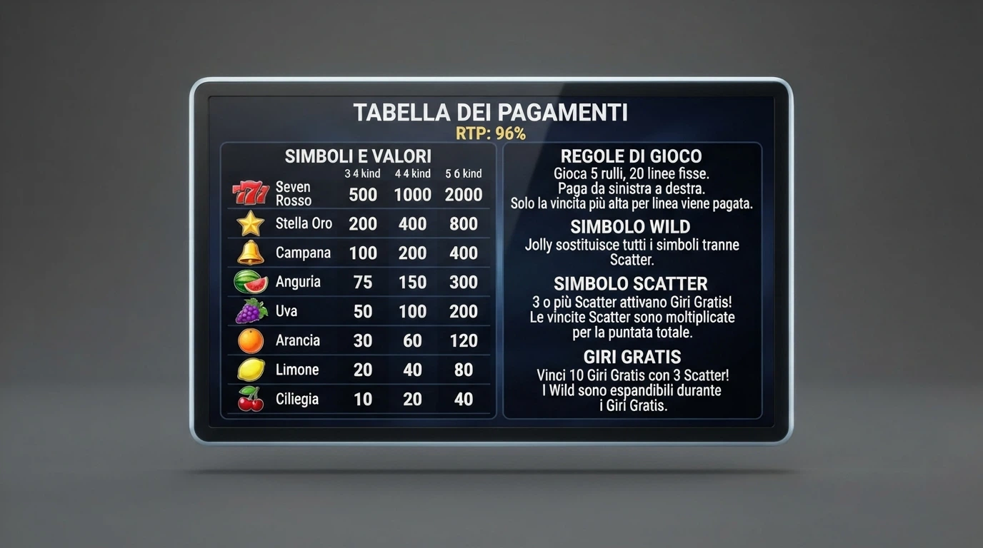 La schermata informativa di una slot machine online con i dati di RTP, payout e le tabelle di pagamento visibili nel menu delle impostazioni di gioco