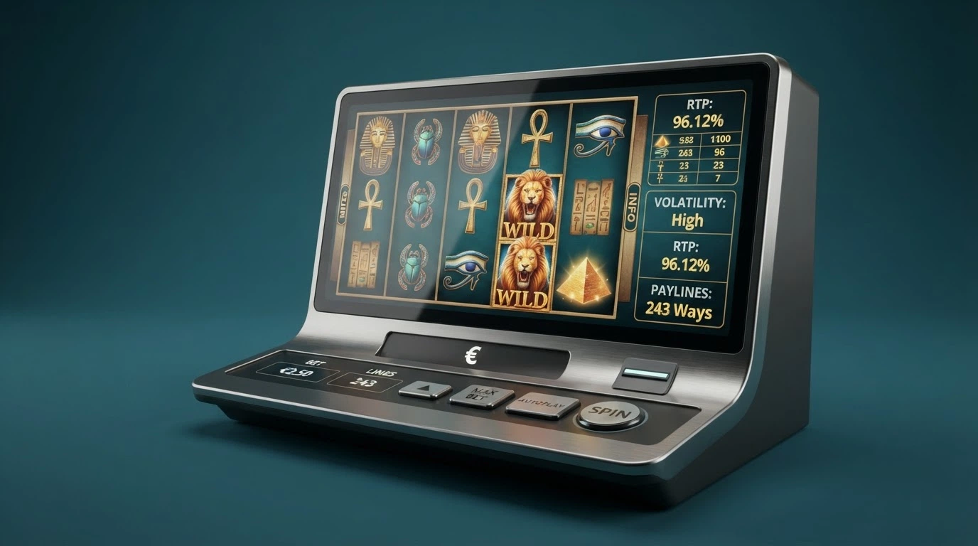 Schermata di una slot machine online con griglia di simboli, linee di pagamento e pannello RTP in evidenza