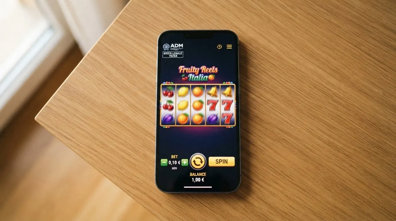 Interfaccia di una slot ADM con il selettore della puntata impostato su 0,10 € e il saldo visualizzato in basso