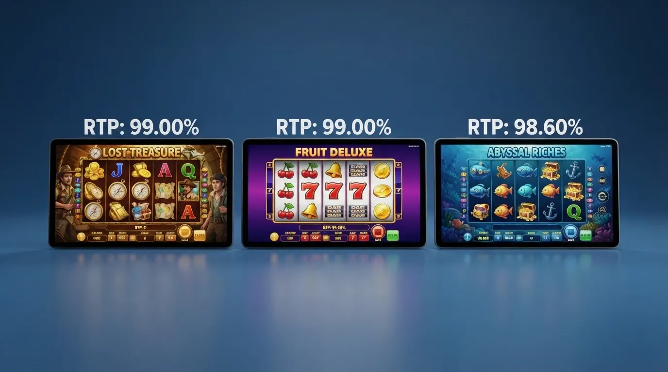 Una selezione di schermate di slot machine con RTP alto (Book of 99, Mega Joker, 1429 Uncharted Seas) affiancate in orizzontale