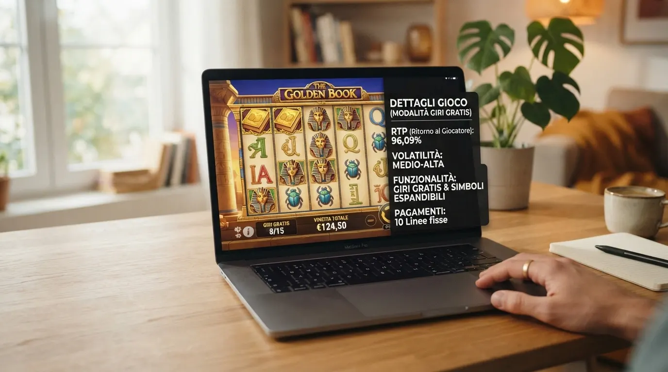L'interfaccia di una slot machine online con il pannello delle informazioni di gioco in evidenza, dove compaiono RTP e volatilità